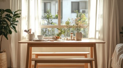Bench-height wooden table for casual dining in minimalist apartment