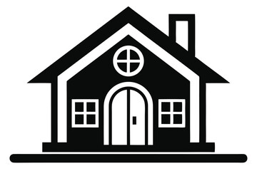 A minimalist house icon displays symmetrical architecture with a chimney, door, windows and round window