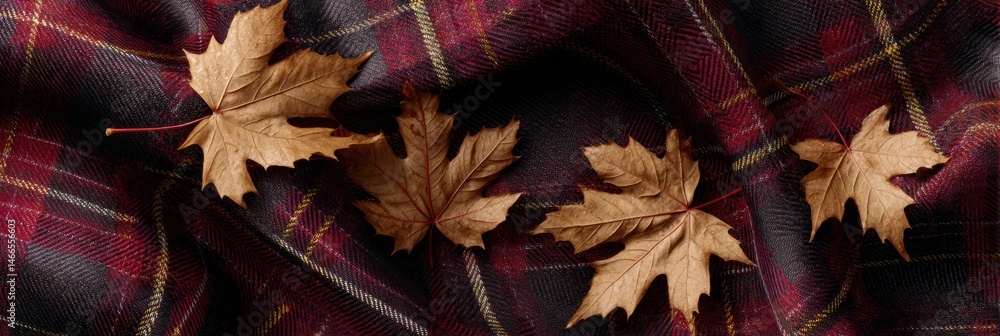 Aufkleber Tartan Pattern Fabric Decorated With Dried Maple Leaves Creating a Cozy Autumn Atmosphere in Indoor Setting Generative AI