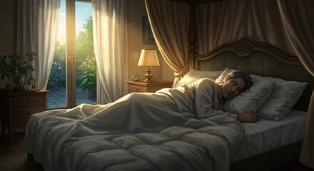 Person sleeping in bedroom bathed in sunlight rest and relaxation theme