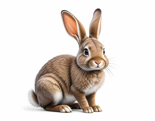 Obraz premium A fluffy brown European rabbit with long ears sits attentively on a clean white background.