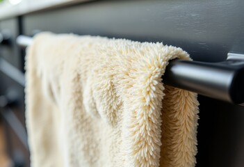 Soft towel hanging on cabinet handle in modern kitchen  