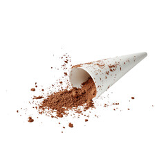 white paper cone spills cocoa powder, creating dynamic and messy scene. rich brown color of cocoa contrasts with white cone, evoking sense of indulgence and creativity in baking or cooking