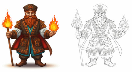 Mystical Guide: Illustration of a regal figure holding two flaming torches, their presence radiating wisdom and guiding the path of knowledge. 