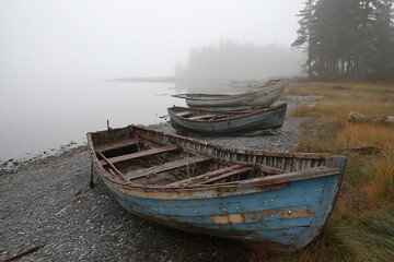 Obraz premium Antique wooden boats along hazy shore edge 