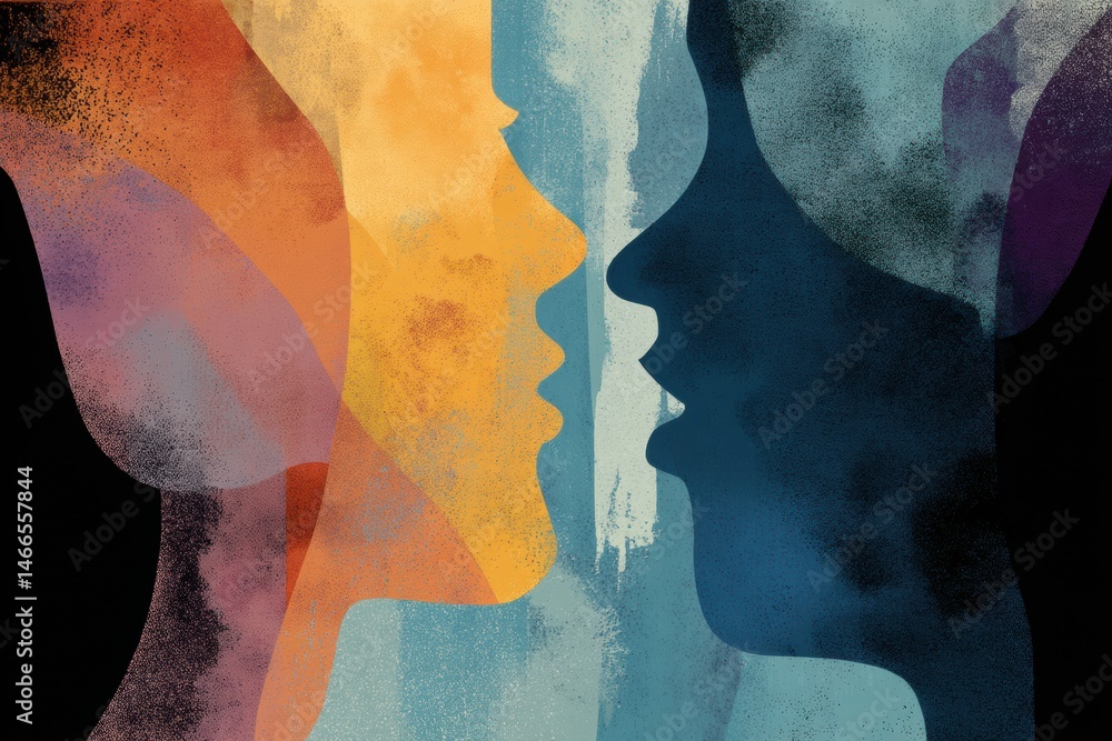 Poster two interconnected silhouettes in pastel hues express deep emotion and understanding between individ