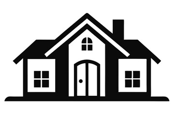 Black and white icon shows a house with a chimney and windows