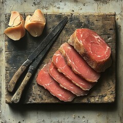 Rustic Wood Board Still Life with Sliced Beef Bresaola Cheese and Vintage Knives Composition