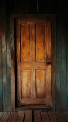 Rustic Wooden Door and Weathered Wall Vintage Aesthetic Scene in Dark Room with Floor Planks