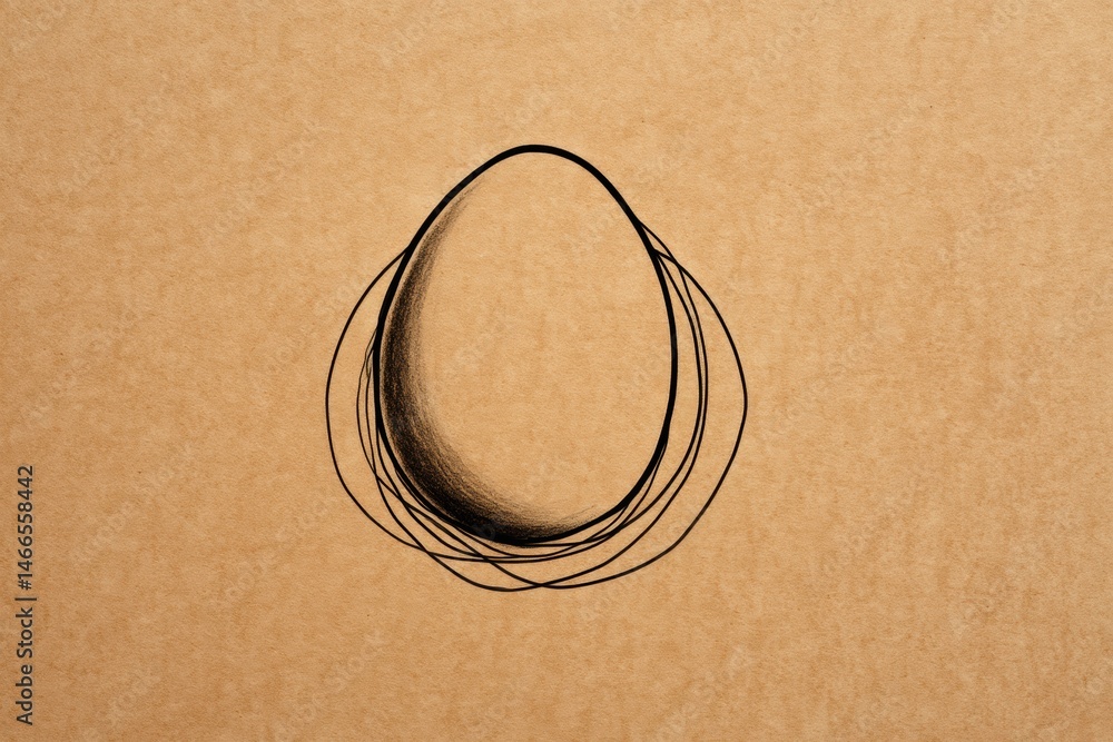 Leinwandbilder egg drawing with thin black lines on warm kraft paper background, showcasing simplicity and artistic