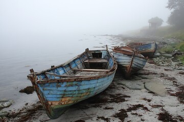 Aged wood boats on misty coastal shore  
