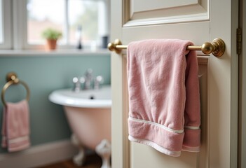 Soft pink towel hanging on cabinet handle in stylish bathroom  