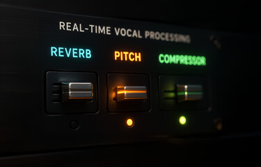 Real-time vocal processing panel showing lit buttons for reverb, pitch, and compressor adjustments, used in live sound engineering.