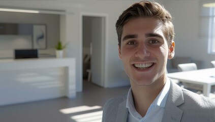 Smiling Young Man in Modern Office Setting with Natural Light and Neutral Color Palette Indoors