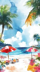Tropical Beach Watercolor Scene with Palm Trees and Umbrellas for Relaxation and Vacation Vibe