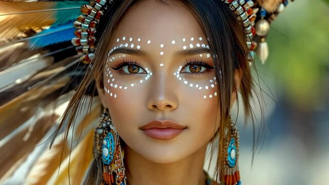 face portrait beautiful Native American with confident  wearing traditional attire with feather headdress and face painting 