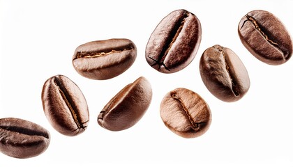 Naklejka premium macro shot of roasted coffee beans isolated on white background for gourmet branding, packaging design, menu cover, or web banner graphic
