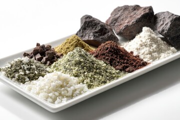 Variety of Powders and Rocks on a White Plate