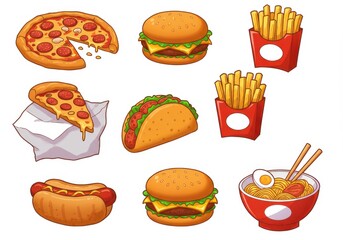 Assorted fast food items isolated on white background
