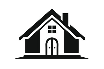A simple, minimalist house silhouette with gabled roof, chimney, arched door creates charming icon