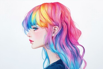 Fototapeta premium Striking Rainbow Haired Anime Girl in Profile with Vibrant Artistic Colors and Expressive Eyes