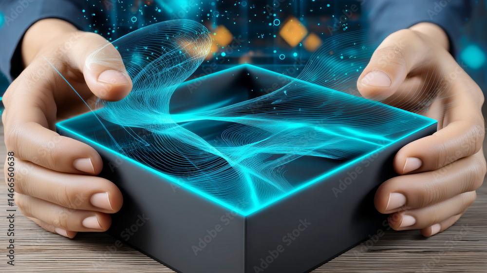 Leinwandbilder A pair of hands gently open a sleek delivery box revealing a glowing, dynamic display of colorful patterns. The setting features a modern, digital atmosphere, enhancing the sense of wonder.