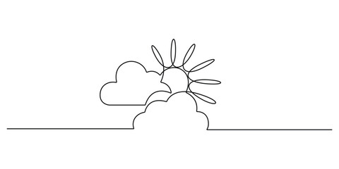 One continuous line drawing of sun with cloud sketch. Continuous doodle art drawing sun and cloud, creative linear weather icon isolated. Pro vector