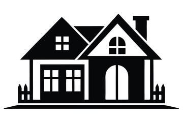 Black silhouette shows a cozy, welcoming home with a chimney and quaint fence