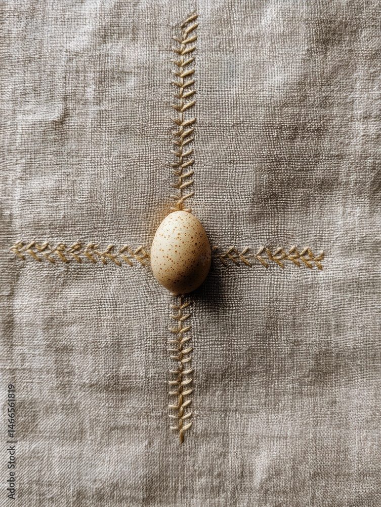 Poster raw linen texture highlighted with stitched egg icon embroidery creates a cozy aesthetic for rustic 