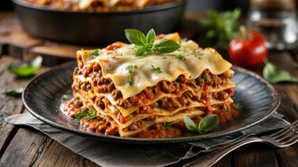 Fototapeta premium Hearty Beef Lasagna Topped with Herbs on Rustic Plate.