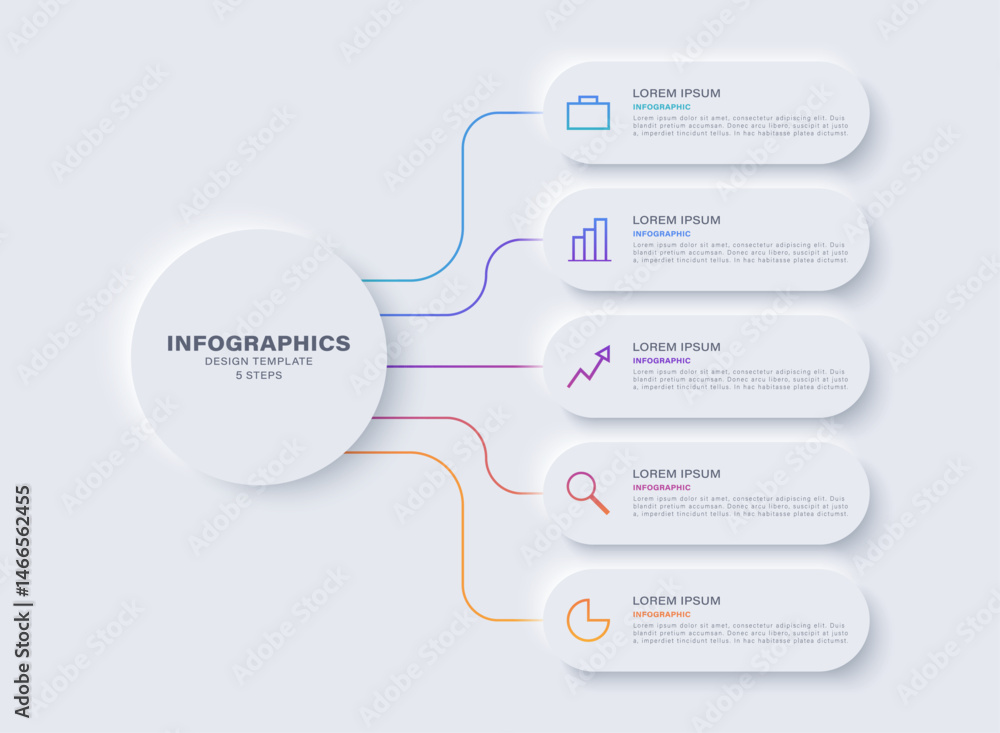 Poster neumorphism design infographic or five option chart. minimal clean design with icons and text