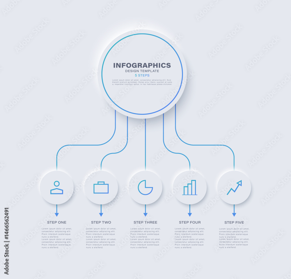 Poster neumorphism infographic flowchart design template. business data visualization with five options and
