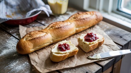 Fresh Baguette with Butter and Berry Jam on Rustic Wooden Table.
