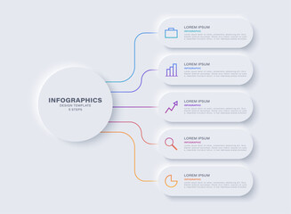 Neumorphism design infographic or five option chart. Minimal clean design with icons and text