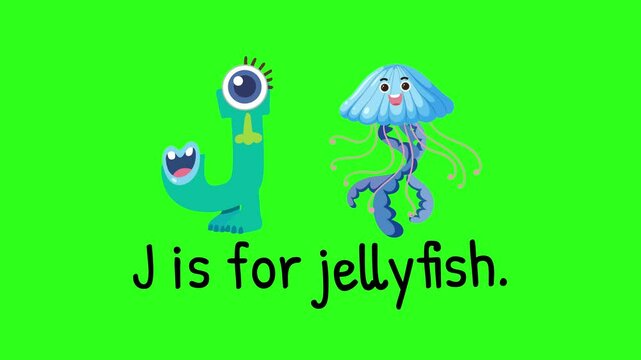 Playful animation of letter J transforming into a jellyfish on a vibrant green background, emphasizing educational fun