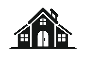 Minimalist black house has a chimney, arched door, and simple white windows