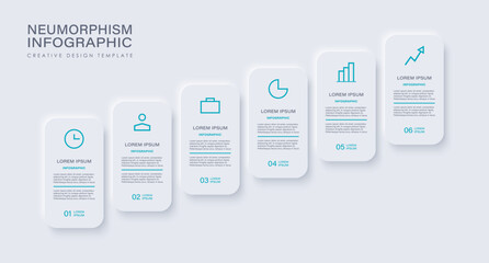 Neumorphism timeline infographic. Business concept with 6 steps or processes. Infographics design with icons and text