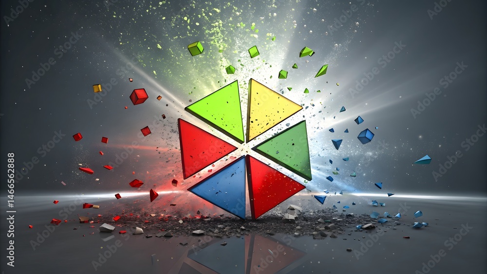 Poster colorful triangles arranged in a hexagon shape with debris and light effects on a gray background