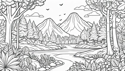 Fototapeta premium Black And White Line Art Illustration Of Volcanic Mountain Landscape