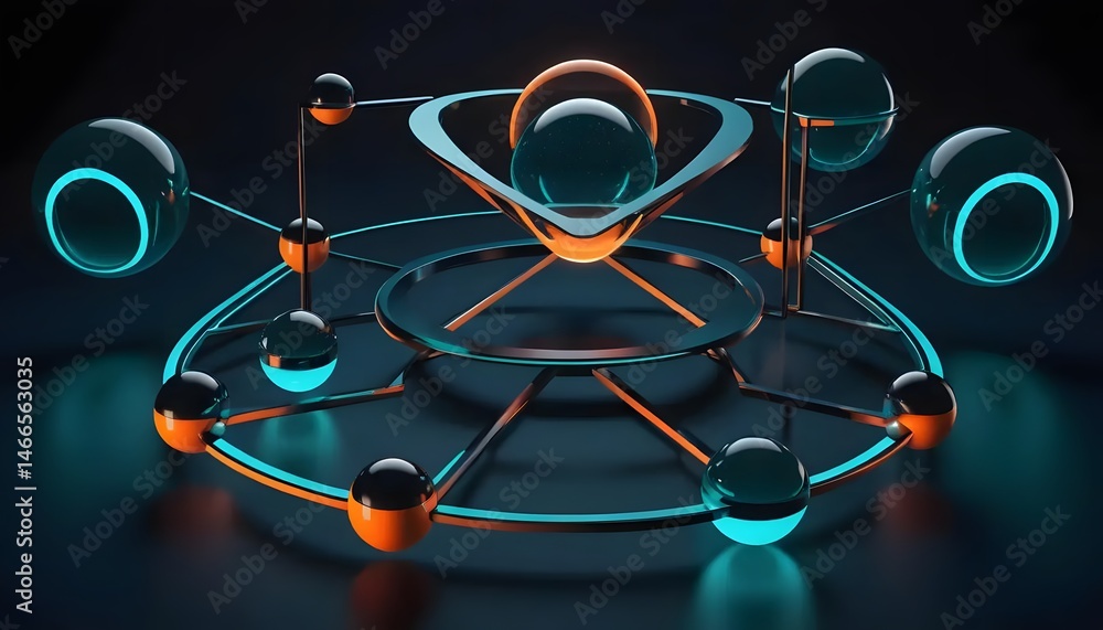 Aufkleber abstract render of interconnected spheres with glowing rings and platforms on a dark background
