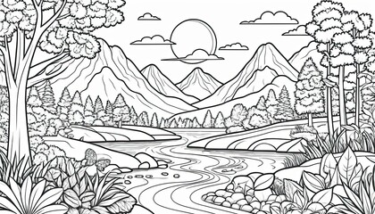 Fototapeta premium Black And White Line Art Mountain Lake Landscape Drawing