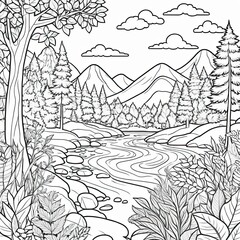 Fototapeta premium Black And White Line Art Mountain River Landscape Drawing