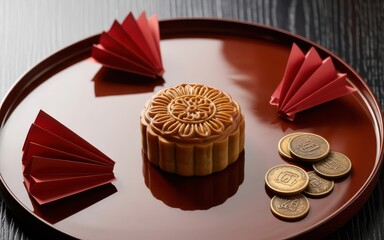 Traditional Mooncake on Lacquer Tray with Coins and Red Paper Fans.
