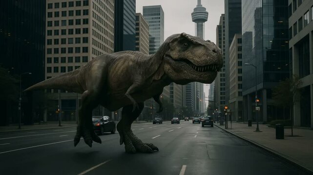 A colossal TRex is seen walking through the deserted streets of an abandoned and eerie city landscape