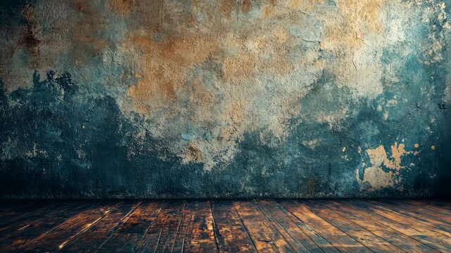 Rustic interior with aged wall and dark wood floor.  Deep teal and ochre tones create a vintage atmosphere