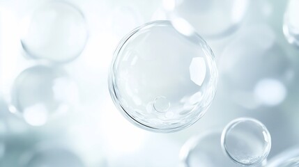 A captivating close-up of transparent bubbles floating gracefully against a soft light background