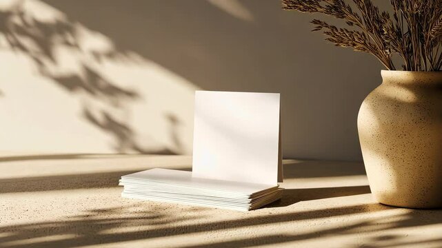 A stack of blank business cards on a neutral-toned desk with room for text.