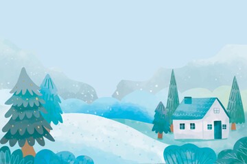 Fototapeta premium Watercolor Winter Cottage Scene in a Snowy Landscape background