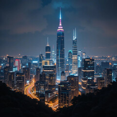 Obraz premium A vibrant night cityscape showcasing futuristic skyscrapers