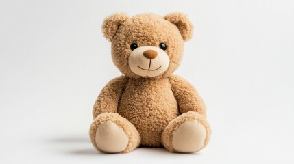 Beige teddy bear sits, smiling